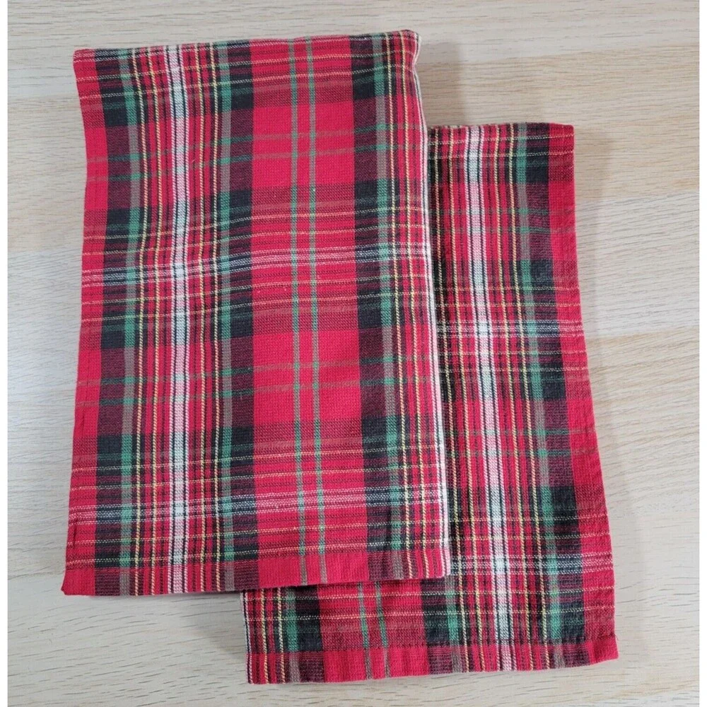 Vtg Ralph Lauren Hand Towels Lot Red Green Plaid Stripe Cotton Tartan Kitchen